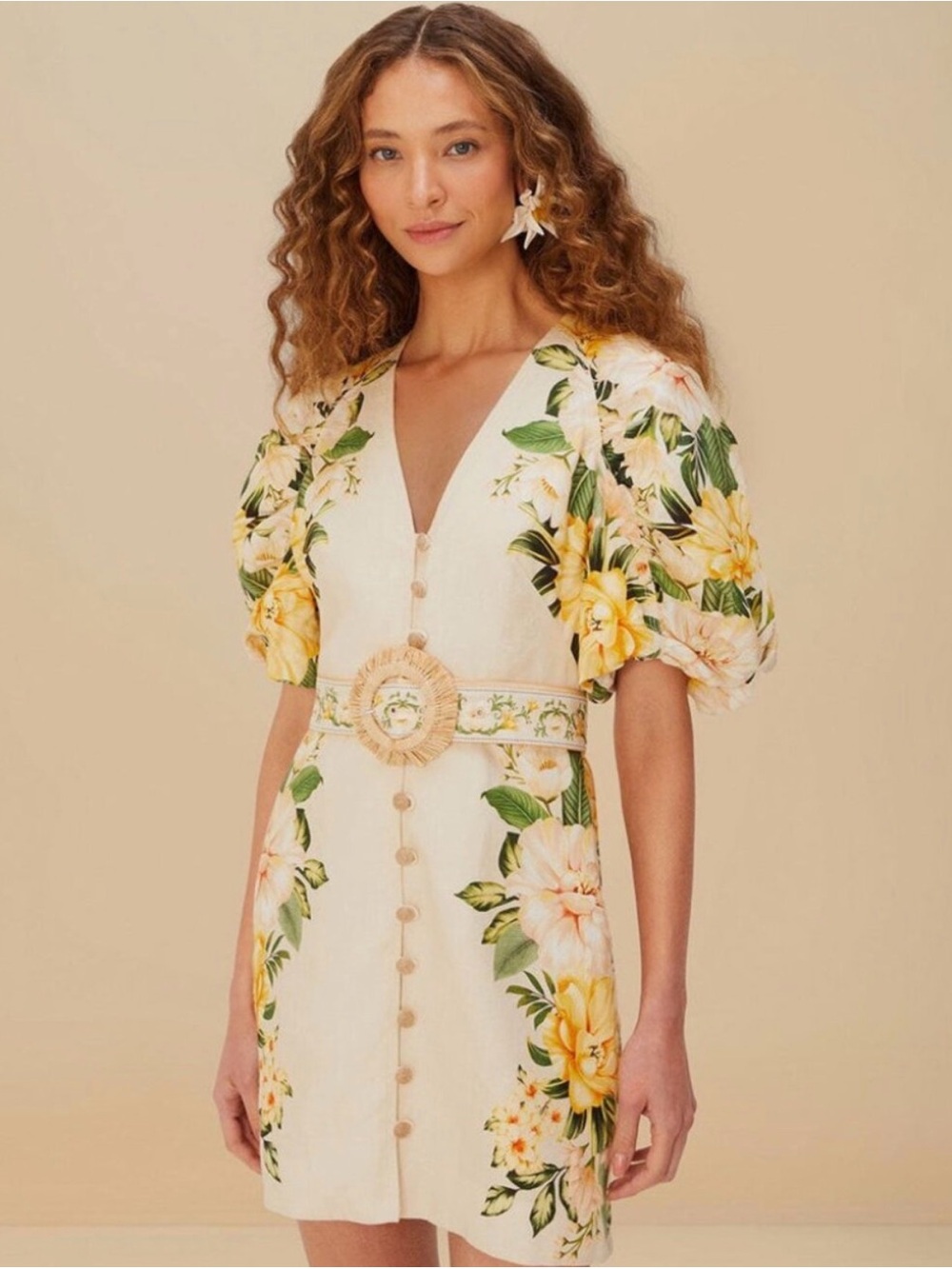 FARM Rio Cream Mini Dress with Yellow Floral Print & Green Leaves